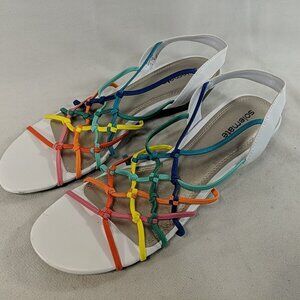 Solemate Strappy Rainbow Kitten Heel Wedge Sandals Knotted Multicolor White US 9
